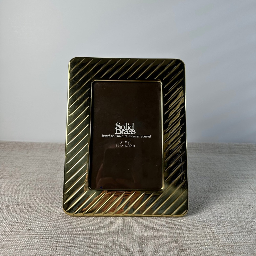 Vintage Solid Brass 5x7 Picture Frame Gold Geometric Ribbed Korea 1980s